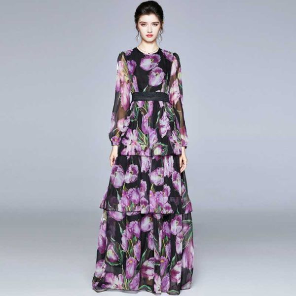 vintage fashion runway purple floral print maxi dress spring high waist layer ruffles chiffon holiday long dresses female 210526, Black;gray 
vintage fashion runway purple floral print maxi dress spring high waist layer ruffles chiffon holiday long dresses female 210526, Black;gray