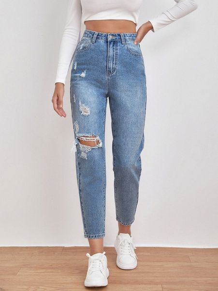 high waist light washed ripped jeans r9ba#, Blue
high waist light washed ripped jeans r9ba#, Blue