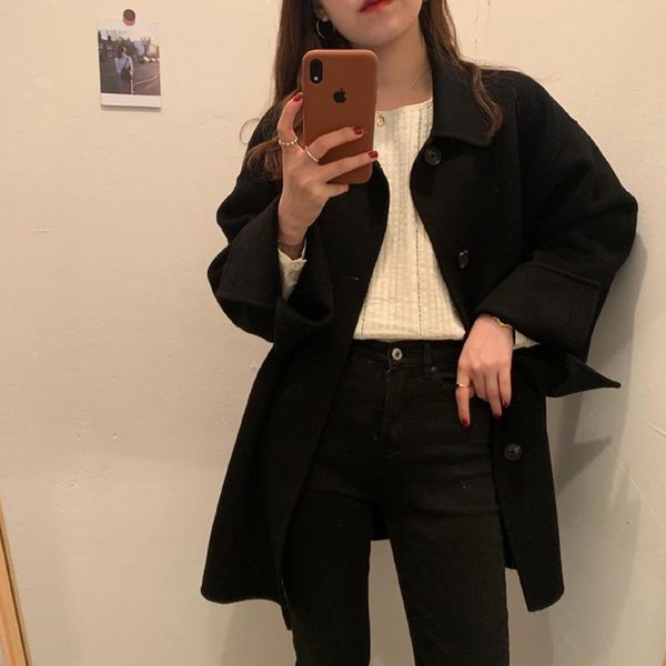 women's wool & blends black woolen coat 2021 winter korean temperament long casual qm*
women's wool & blends black woolen coat 2021 winter korean temperament long casual qm*