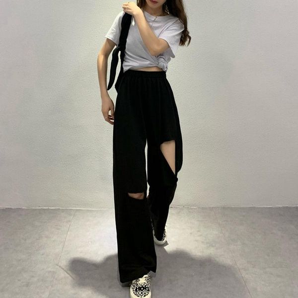 women's pants & capris summer high waist hole sports casual wide leg loose and thin straight elastic, Black;white
women's pants & capris summer high waist hole sports casual wide leg loose and thin straight elastic, Black;white