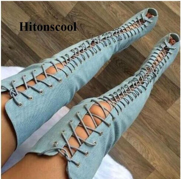 fashion women denim lace up cowboy boots open toe summer sandals thin high heels ladies shoes gladiator, Black
fashion women denim lace up cowboy boots open toe summer sandals thin high heels ladies shoes gladiator, Black
