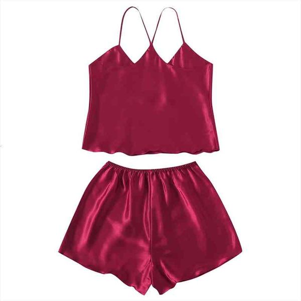 women sleep wear lingerie satin lace v-neck camisole shorts set sleepwear pajamas women clothes black solid color, Black;red 
women sleep wear lingerie satin lace v-neck camisole shorts set sleepwear pajamas women clothes black solid color, Black;red