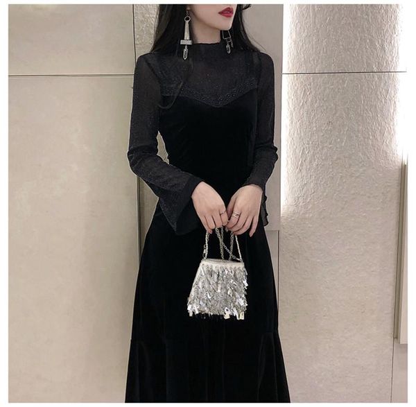 casual dresses women elegant black 2021 lace velvet dress female flare sleeve autumn winter vestido slim velour wxf720, Black;gray
casual dresses women elegant black 2021 lace velvet dress female flare sleeve autumn winter vestido slim velour wxf720, Black;gray