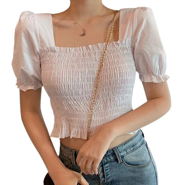 women summer solid blouse square collar sweet short puff sleeves exposed navel cropped shirt female elastic bandeau women's blouses, White
women summer solid blouse square collar sweet short puff sleeves exposed navel cropped shirt female elastic bandeau women's blouses, White