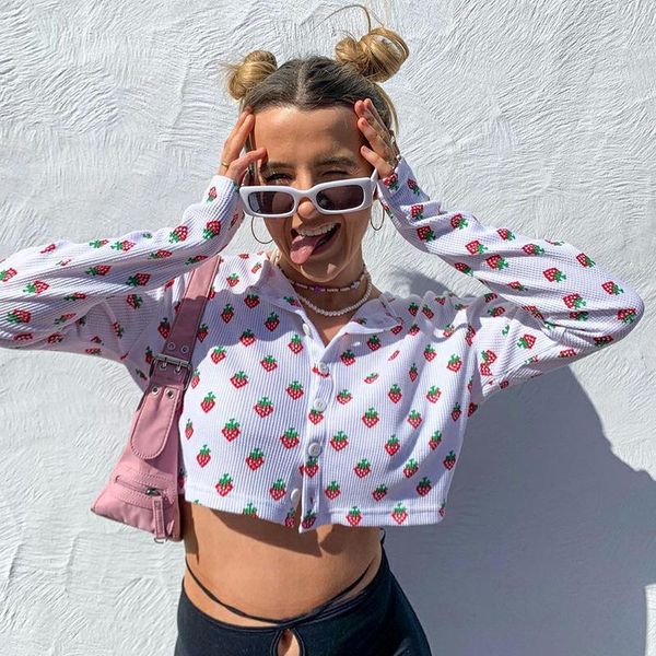 women's t-shirt women autumn crop adults button-down strawberry print long sleeve round collar cardigan t-shirts, White
women's t-shirt women autumn crop adults button-down strawberry print long sleeve round collar cardigan t-shirts, White