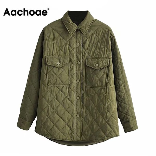 aachoae women casual army green parka with pockets long sleeve ultra light padded jacket female loose turn down collar coat 210413, Black