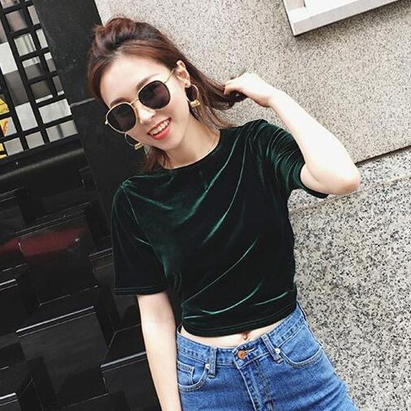 women's t-shirt short sleeve gold velvet clothes summer style clothing western dark green slit hemline at, White
women's t-shirt short sleeve gold velvet clothes summer style clothing western dark green slit hemline at, White