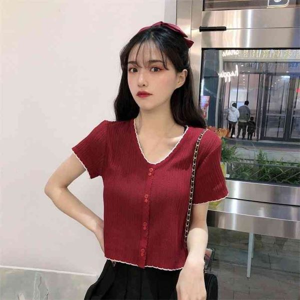knitted women summer tee shirt sweet v-neck short sleeve button up flounce hem slim tshirts casual streetwear crop vestidos 210522, White
knitted women summer tee shirt sweet v-neck short sleeve button up flounce hem slim tshirts casual streetwear crop vestidos 210522, White