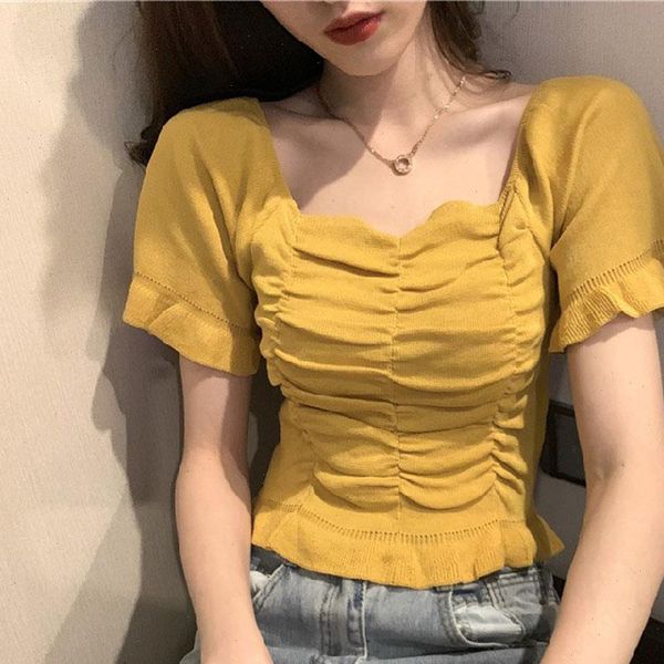 vintage womens t shirt knitted casual square neck short sleeve pleated tee slim lady knitwear wdc4758, White
vintage womens t shirt knitted casual square neck short sleeve pleated tee slim lady knitwear wdc4758, White