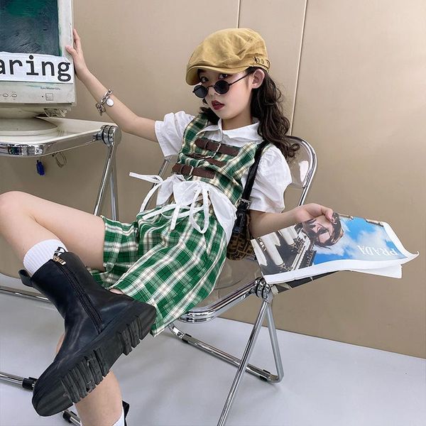 girls green plaid suit 2021 summer personality girl fried street cool three-piece clothing sets, White
girls green plaid suit 2021 summer personality girl fried street cool three-piece clothing sets, White