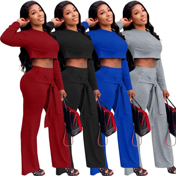 women's two piece pants clothing fashion round neck solid color long sleeve crop bandage loose set wholesale drop, White
women's two piece pants clothing fashion round neck solid color long sleeve crop bandage loose set wholesale drop, White