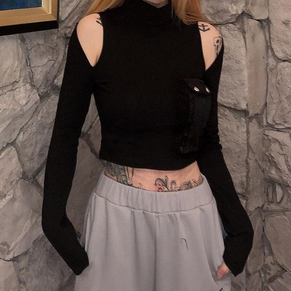 women's t-shirt 2021 spring fashion shoulder cut hollow out turtleneck long sleeve fitness t shirt women pockets patchwork crop te, White
women's t-shirt 2021 spring fashion shoulder cut hollow out turtleneck long sleeve fitness t shirt women pockets patchwork crop te, White