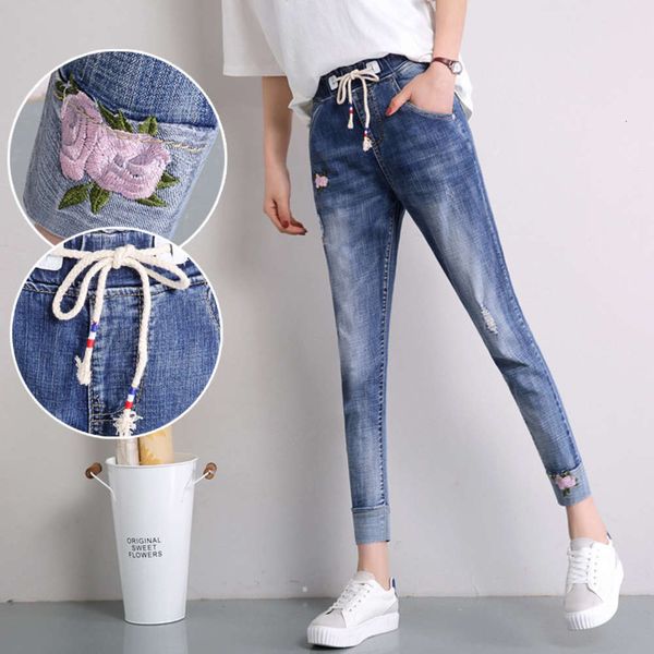high waist spring embroidered large loose slim mm pants, Blue