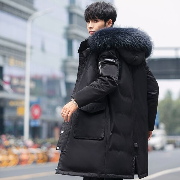 winter medium and long down men's youth korean version thickened over knee winter handsome hairy collar goose et, Black
winter medium and long down men's youth korean version thickened over knee winter handsome hairy collar goose et, Black