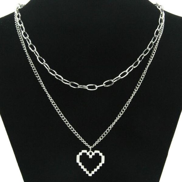 ins wind double layer peach heart titanium steel pendant necklace, Silver 
ins wind double layer peach heart titanium steel pendant necklace, Silver