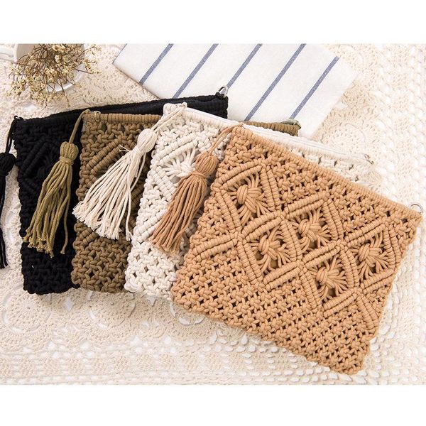 simple tassel straw retro hand held woven bag summer beach clutch bags