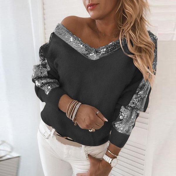 women's sweaters sequin stitching pullover long-sleeved v-neck sweatshirt casual loose ladies sweater spring autumn style, White;black
women's sweaters sequin stitching pullover long-sleeved v-neck sweatshirt casual loose ladies sweater spring autumn style, White;black