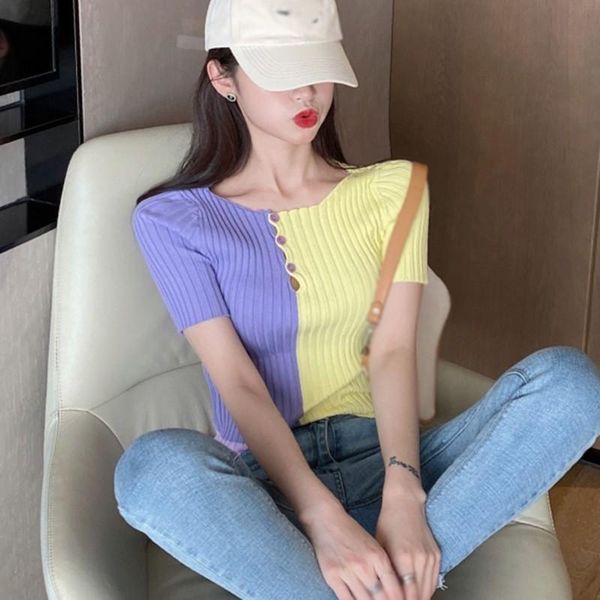 women's pullover fashion round neck colorblock short sleeve knitted summer beach wear slim crop sweaters, White;black
women's pullover fashion round neck colorblock short sleeve knitted summer beach wear slim crop sweaters, White;black