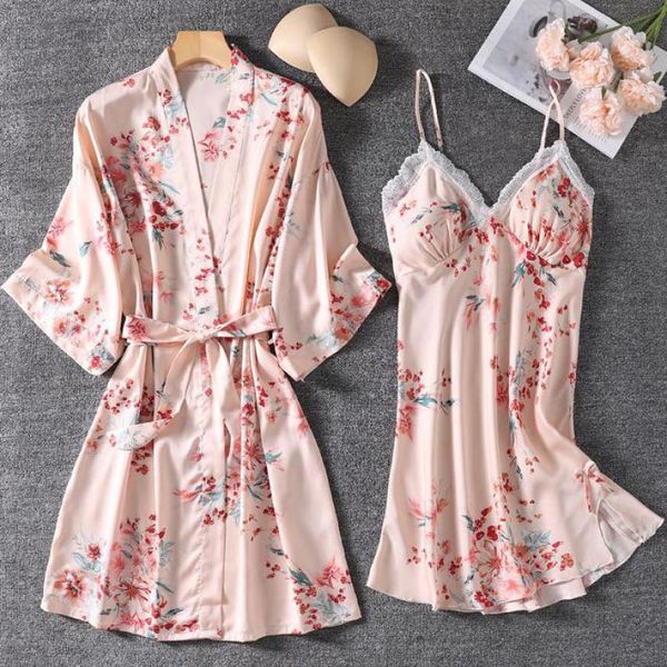 women's sleepwear summer lace trim robe set women flower print sleep v-neck kimono gown femme 2pcs casual nightgown nightwear, Black;red 
women's sleepwear summer lace trim robe set women flower print sleep v-neck kimono gown femme 2pcs casual nightgown nightwear, Black;red