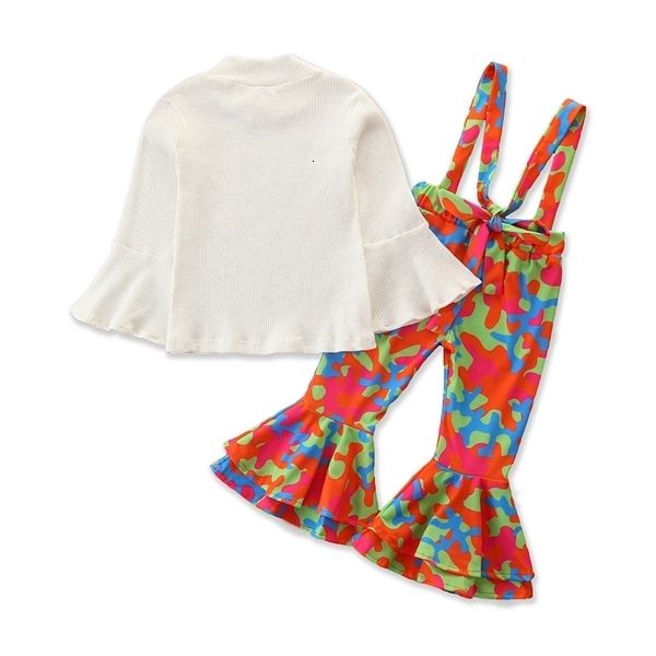clothing sets little girls culottes suit solid color lace sleeve ribbed and rainbow long suspender clothes 1-6years 0927, White 
clothing sets little girls culottes suit solid color lace sleeve ribbed and rainbow long suspender clothes 1-6years 0927, White
