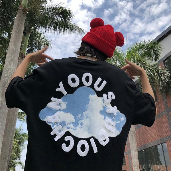 men's t-shirts retro blue sky white cloud towel embroidered short sleeve tees, White;black
men's t-shirts retro blue sky white cloud towel embroidered short sleeve tees, White;black