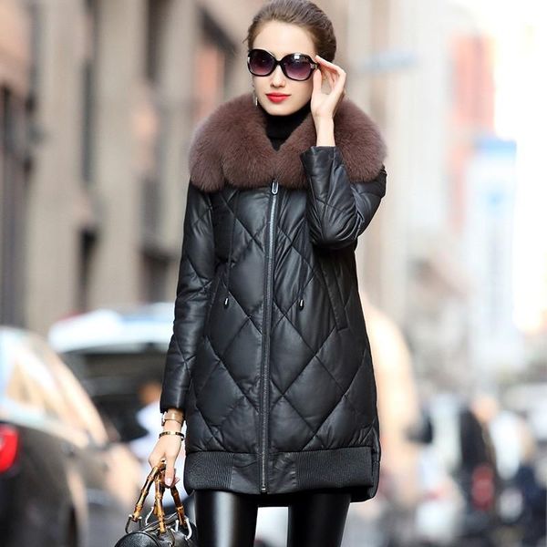 women's leather & faux genuine sheepskin jacket winter fur collar coat long white duck down coats ladies korean veste en cuir femme, Black
women's leather & faux genuine sheepskin jacket winter fur collar coat long white duck down coats ladies korean veste en cuir femme, Black