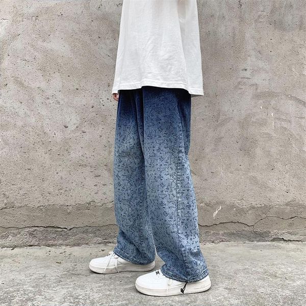 men's jeans autumn winter retro gradient print men streetwear straight pants fashion baggy casual ankle-banded denim trousers, Blue
men's jeans autumn winter retro gradient print men streetwear straight pants fashion baggy casual ankle-banded denim trousers, Blue