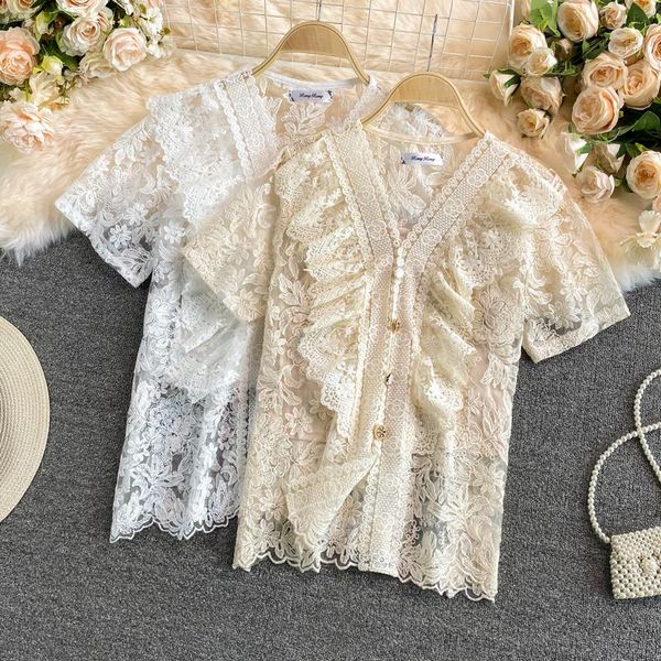 women's blouses & shirts v-neck shirt short-sleeved 2021 summer style thin lace crocheted net yarn ruffled crop 0427, White
women's blouses & shirts v-neck shirt short-sleeved 2021 summer style thin lace crocheted net yarn ruffled crop 0427, White