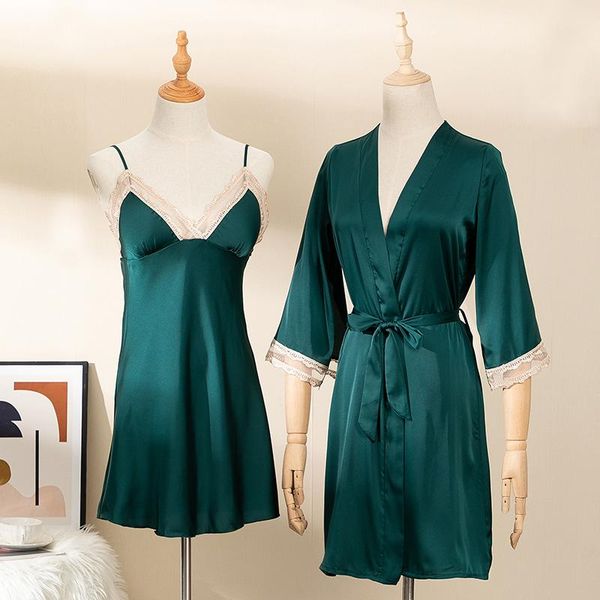 women robe & gown sets dark green bathrobe dressing v-neck satin lace night with chest pads women's sleepwear, Black;red
women robe & gown sets dark green bathrobe dressing v-neck satin lace night with chest pads women's sleepwear, Black;red