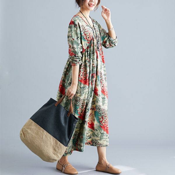 johnature vintage dress v-neck print women clothes leisure autumn loose full sleeve loose national style women dresses 210521, Black;gray
johnature vintage dress v-neck print women clothes leisure autumn loose full sleeve loose national style women dresses 210521, Black;gray