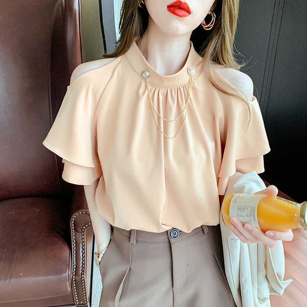 women's ruffles shirt solid blouses for women flare sleeve clothing white stand neck basic blouse with chain 210604
women's ruffles shirt solid blouses for women flare sleeve clothing white stand neck basic blouse with chain 210604