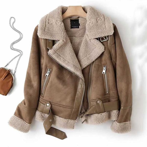 fur long sleeved loose belt warm women's jacket lamb wool winter thickened locomotive lapel female coat 211109, Black;brown
fur long sleeved loose belt warm women's jacket lamb wool winter thickened locomotive lapel female coat 211109, Black;brown