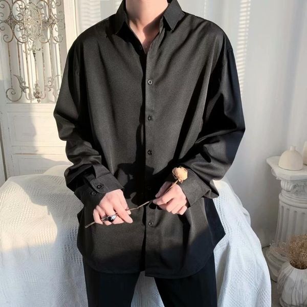 men's casual shirts korean fashion drape for men solid color long sleeve ice silk smart comfortable button up shirt, White;black
men's casual shirts korean fashion drape for men solid color long sleeve ice silk smart comfortable button up shirt, White;black