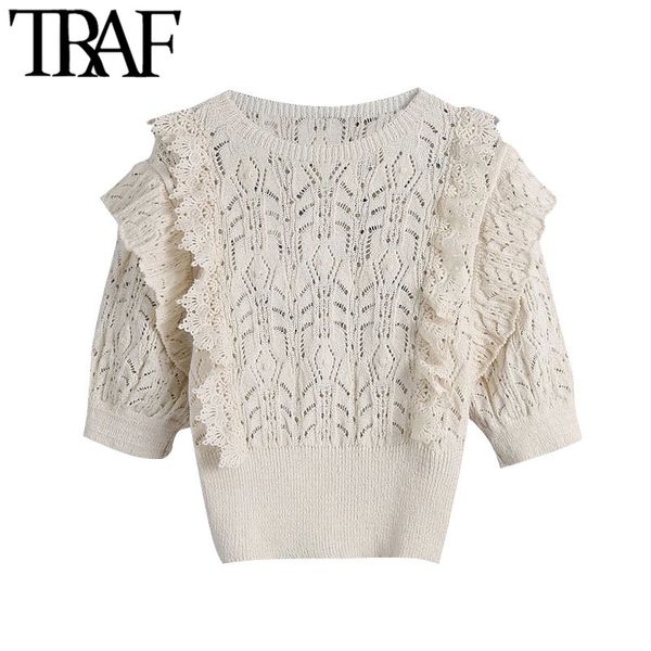 traf women fashion with ruffle trims cropped knitted sweater vintage o neck short sleeve female pullover chic 210415, White;black
traf women fashion with ruffle trims cropped knitted sweater vintage o neck short sleeve female pullover chic 210415, White;black
