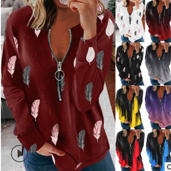 women's tees t-shirt autumn and winter 2021 v-neck zipper feather print long sleeve loose t-shirt women, White
women's tees t-shirt autumn and winter 2021 v-neck zipper feather print long sleeve loose t-shirt women, White