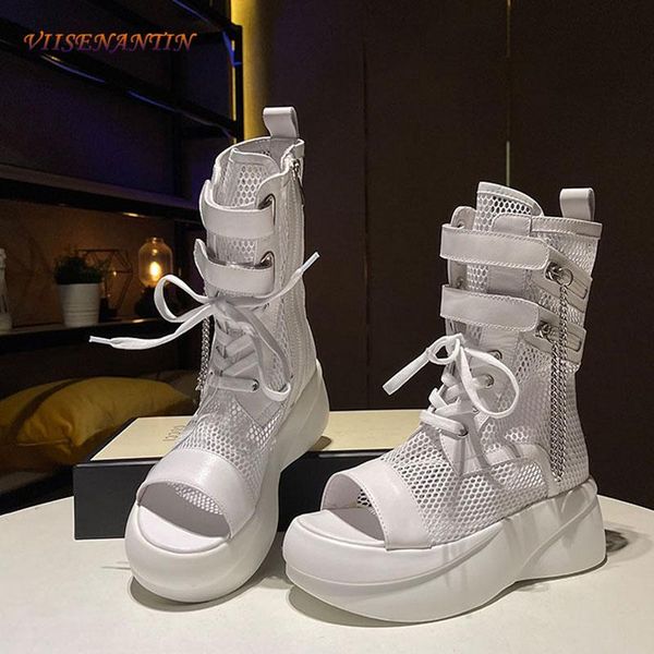 sandals genuine leather breathable mesh summer and spring lace-up open-toe platform hollow fish mouth short boots, Black
sandals genuine leather breathable mesh summer and spring lace-up open-toe platform hollow fish mouth short boots, Black