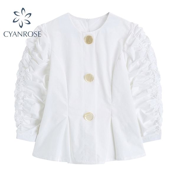 women's blouses white cardigan puff long sleeve chic single breasted ruched korean shirts ol elegant o neck baggy ins blusas 210515
women's blouses white cardigan puff long sleeve chic single breasted ruched korean shirts ol elegant o neck baggy ins blusas 210515