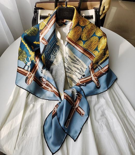 scarves 100% pure silk satin square big scarf shawl wrap kerchief 43.3"x43.3" wj067, Blue;gray