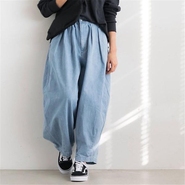 johnature japanese wash denim harem women pants 2021 winter casusal loose solid color elastic waist full length women's jeans, Blue
johnature japanese wash denim harem women pants 2021 winter casusal loose solid color elastic waist full length women's jeans, Blue