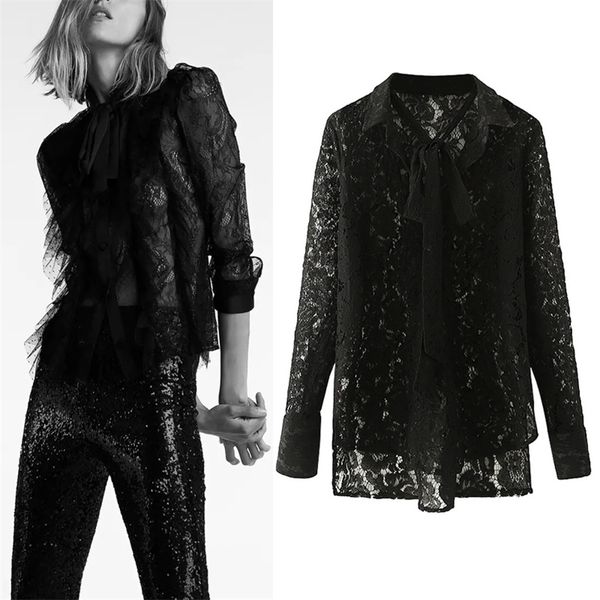 black lace blouse women bow tied collared semi sheer long sleeve woman embroidery flower elegant 210519, White
black lace blouse women bow tied collared semi sheer long sleeve woman embroidery flower elegant 210519, White