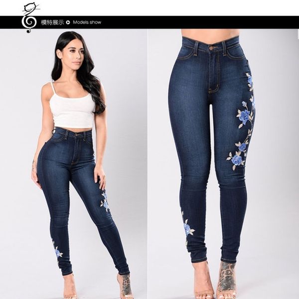 fashion a pair of jeans style embroidered with high waist and buttocks, Blue 
fashion a pair of jeans style embroidered with high waist and buttocks, Blue