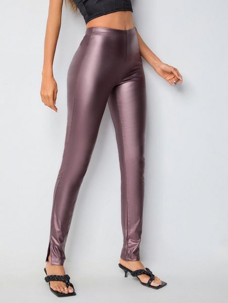split hem pu leather leggings l5px#, Black