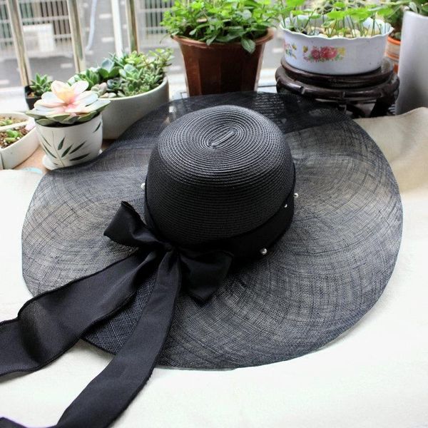 british retro elegant black bow ribbon big brim linen hat female summer beach sun wide hats, Blue;gray
british retro elegant black bow ribbon big brim linen hat female summer beach sun wide hats, Blue;gray