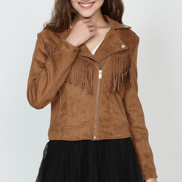 women's leather & faux spring casual fashion brand tassels artificial suede slim women short jacket thin coat chaquetas mujer brown pin, Black
women's leather & faux spring casual fashion brand tassels artificial suede slim women short jacket thin coat chaquetas mujer brown pin, Black