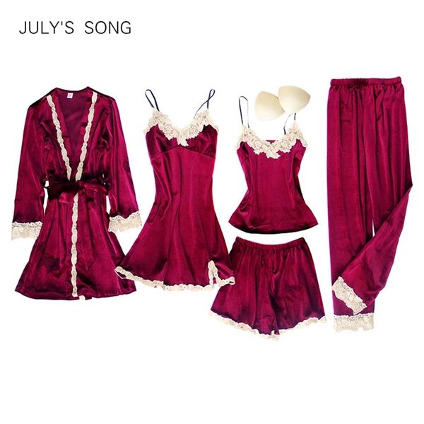 july's song 5 pieces velvet pajamas for women lace sleepwear pajama set winter warm sling nightdress female nightwear 210330, Black;red
july's song 5 pieces velvet pajamas for women lace sleepwear pajama set winter warm sling nightdress female nightwear 210330, Black;red