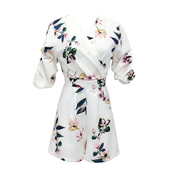 white floral print short sleeve playsuits rompers summer beach j0017 210514, Black;white
white floral print short sleeve playsuits rompers summer beach j0017 210514, Black;white