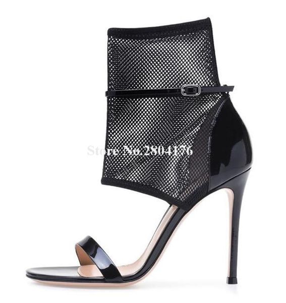 boots women fashion open toe black patent leather ankle mesh wrap short gladiator heel booties
boots women fashion open toe black patent leather ankle mesh wrap short gladiator heel booties