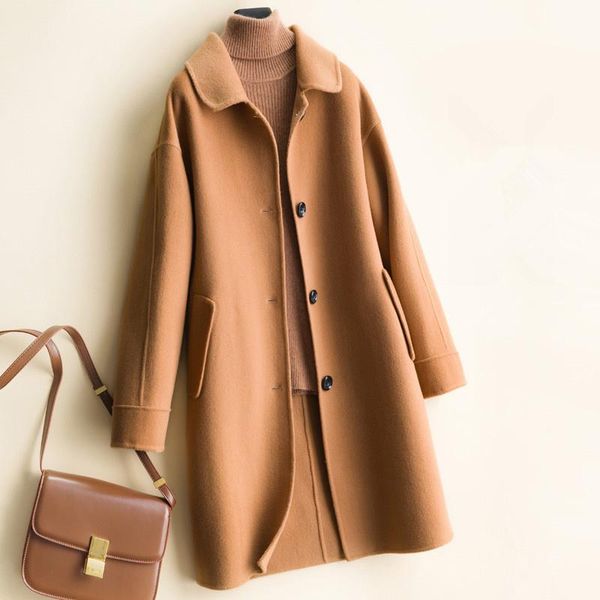 women's wool & blends 2021 autumn winter slim double-sided coat women long overcoat big pocket suit collar office lady woolen jacket fe, Black
women's wool & blends 2021 autumn winter slim double-sided coat women long overcoat big pocket suit collar office lady woolen jacket fe, Black