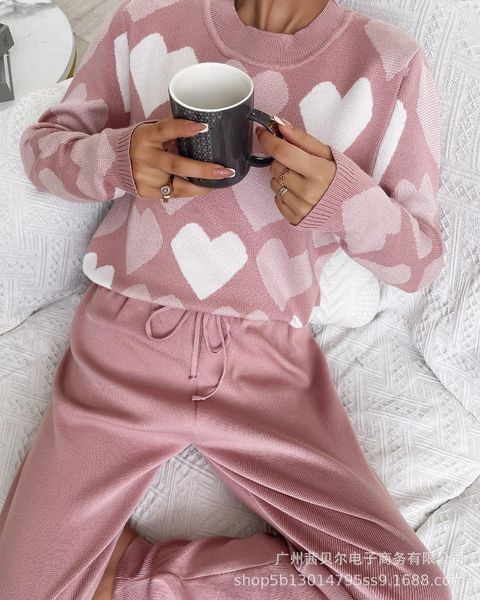 women's two piece pants 2021 european and american clothing love round neck warm sweater set, White
women's two piece pants 2021 european and american clothing love round neck warm sweater set, White