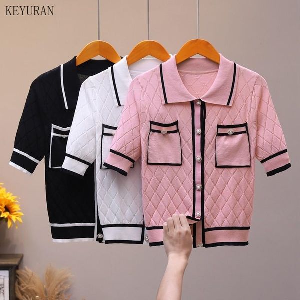 women's t-shirt summer lightweight knitted fashion lapel short-sleeved cardigan pocket design pink short knitwear coat, White
women's t-shirt summer lightweight knitted fashion lapel short-sleeved cardigan pocket design pink short knitwear coat, White